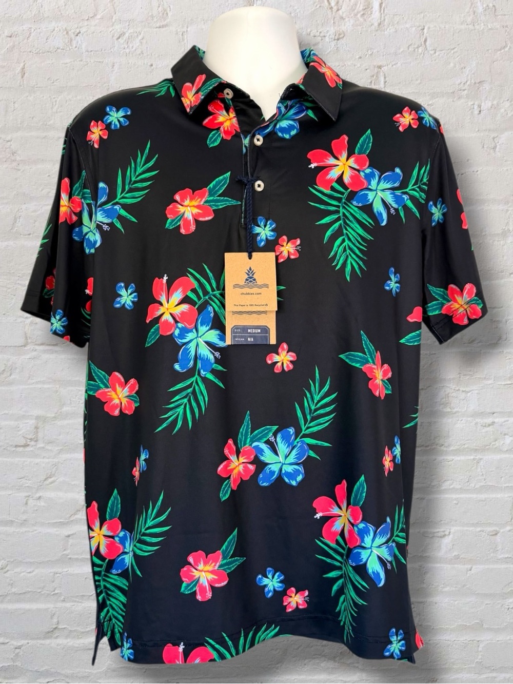Chubbies Electric Flowers Performance Polo Black Floral UPF Golf NWT Mens Medium